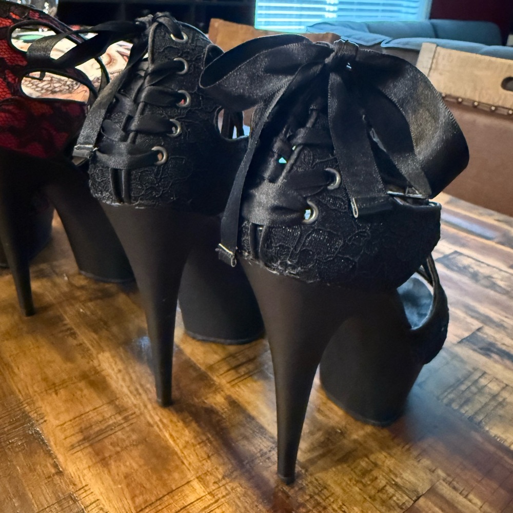 2 pairs Pleaser Heels bundle! lace, satin, and bowtie! sz 7 red/black - Picture 2 of 8